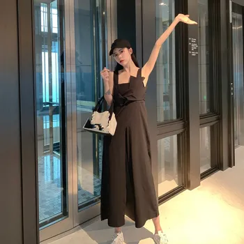 

Women Solid Bow Empire Wide Leg Jumpsuit 2019 Summer Sleeveless Pocket Strap Rompers Casual Ankle-Length Loose Overalls