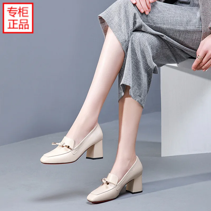 

2019 Spring New Style High Documentary Shoe WOMEN'S Shoes Chunky-Heel Versatile Hot Selling Square Head Genuine Leather Korean-s