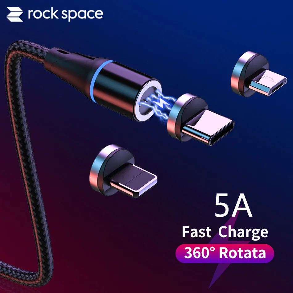 ROCK 5A Магнитный кабель Micro Usb Type C супербыстрая зарядка светодиодная подсветка для