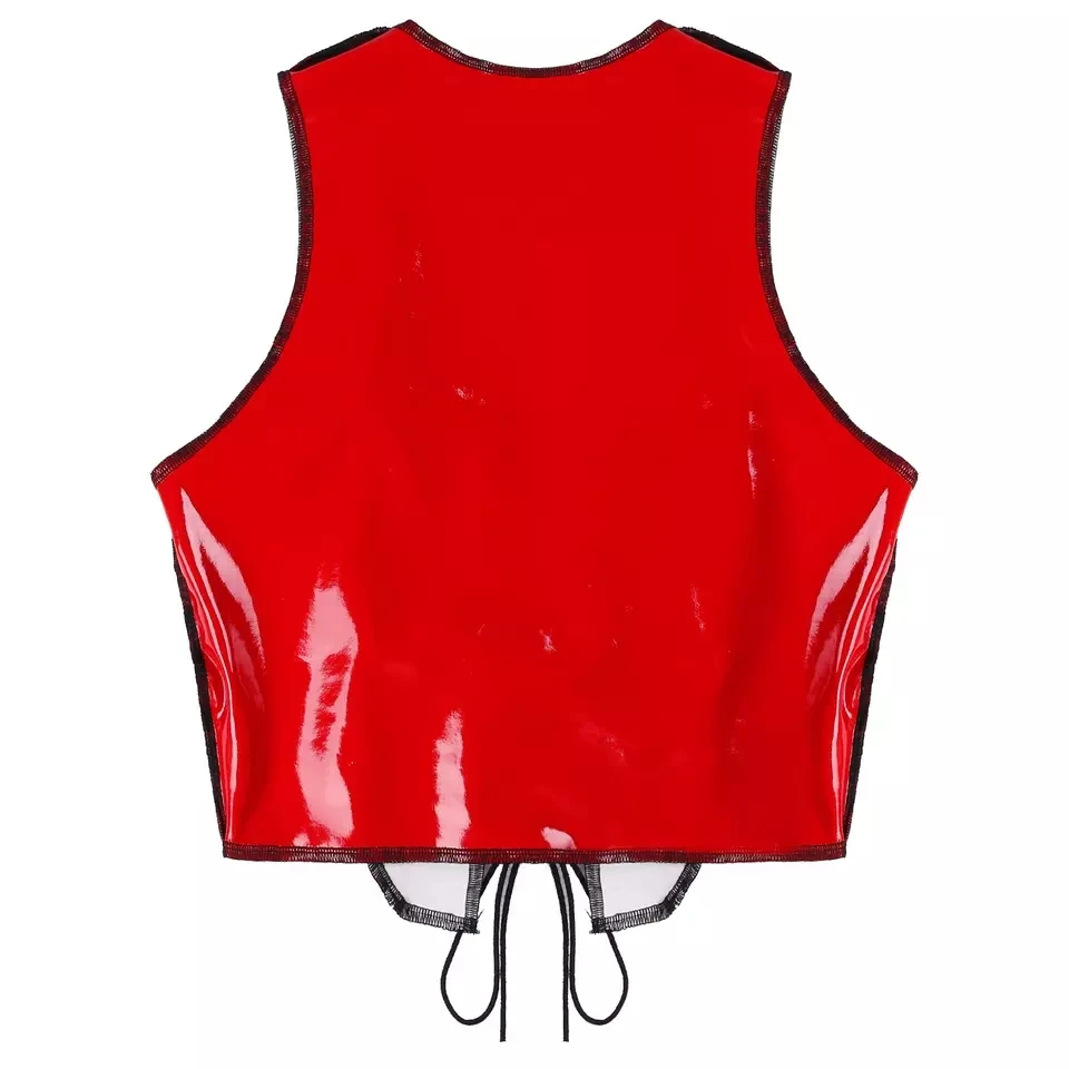 Women Sexy Deep U Shiny Leather Vest Erotic Breast Exposing Glossy Patent Leather Camisole Wetlook Latex Halter Tops