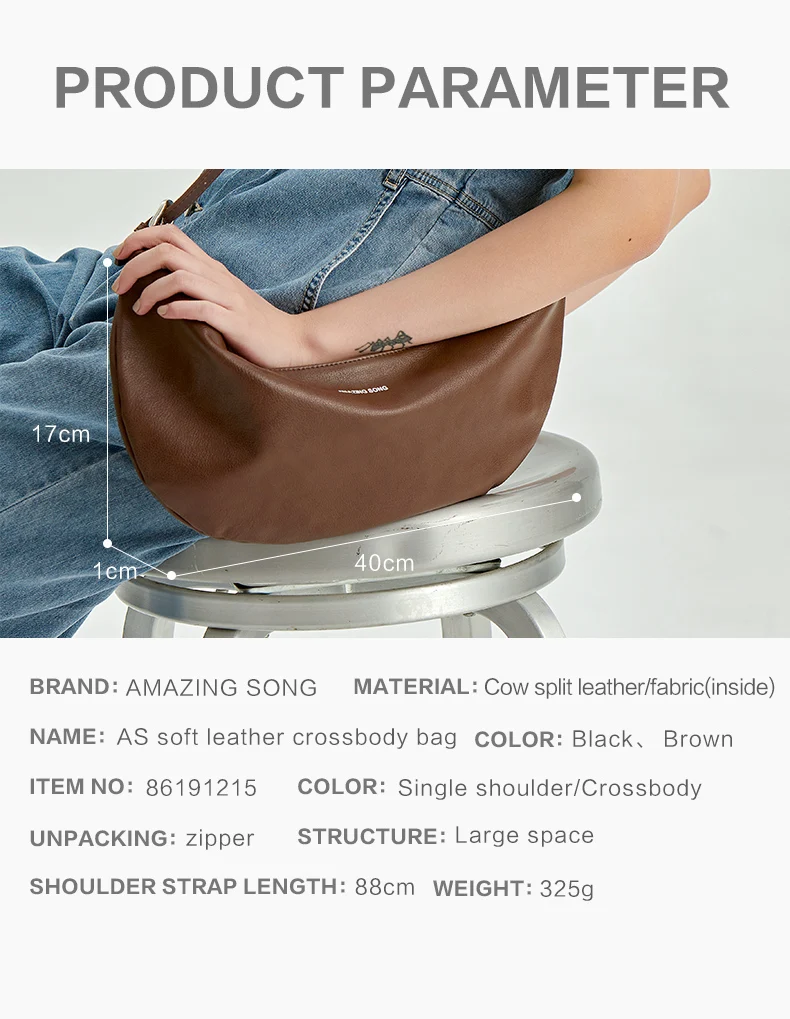 Amazing Song Korean Style Half Moon Bag Simple Large Capacity Soft Split Leather Zipper Bag Breast Bag