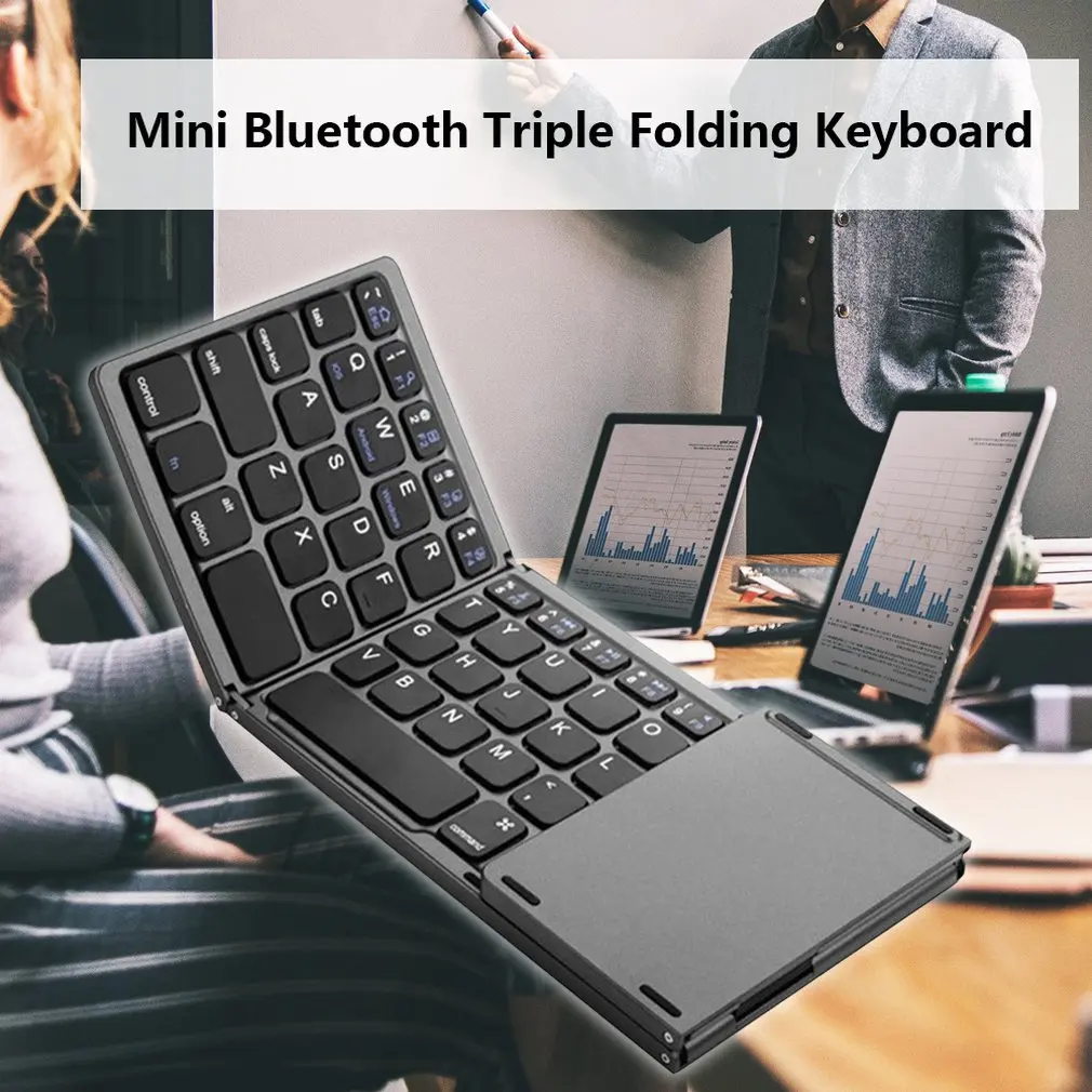 Mini Compact Triple Folding Keyboard Portable Cool Wireless Phone Tablet Keyboard With Mouse Touchpad