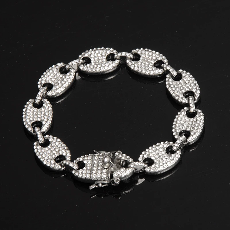 Silver Хип-хоп, многоцветная, ширина, со стразами, 13 мм, 20 см, золото, серебро, кофейные зерна, звеньевая цепь, браслеты, цепь для Мужчин, Ювелирные изделия - Окраска металла: Silver