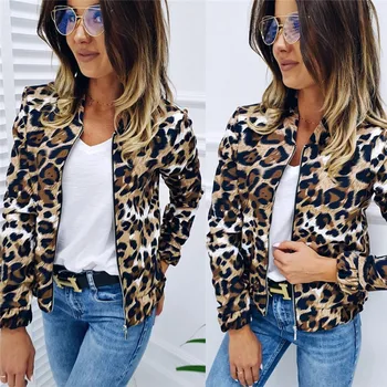 

Women Coat for Streetwear Patchwork Design Zipper Decor Stand Collar Long Sleeve Leopard Print Coat Lady Autumn Slim Shirts