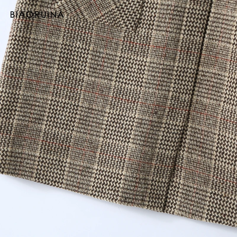 BIAORUINA, Женская винтажная клетчатая юбка с поясом, Офисная Женская юбка в Корейском стиле, элегантные теплые мини юбки на осень и зиму