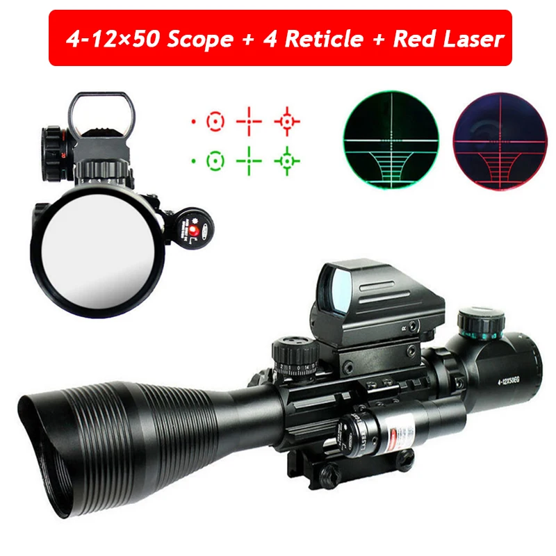 

4-12X50EG Tactical Hunting Riflescope Optics Fiber Sight Holographic 4 Reticle Sight & Red Laser Sight 20mm Rail Mount