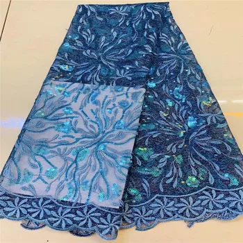 

New Embroidery Nigeria French Lace Fabrics 2019 African Tulle Lace Fabric Turquoise Blue Sequin African Lace Fabric For Aso Ebi