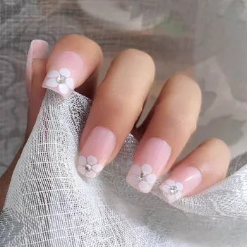 

New Pretty White Flower Pattern Wedding Bride Flash Nails Square Art Rhinestone Pre Design Press on Tips Artificial Fake Nails