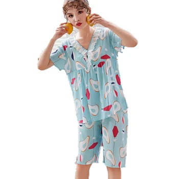 

Summer Cotton Women Sleep Pajama Sets Thin Short Sleeve Shorts Sleepwear Home Floral Weave V Neck Casual Breathable Nightwear