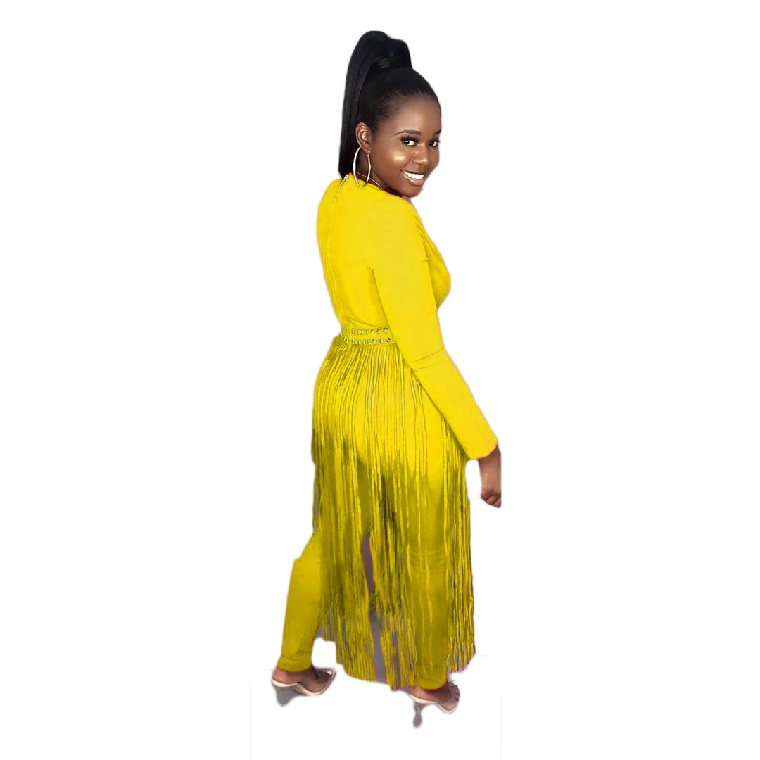 Newcoming Style Tassels Women Sexy Nightclub Jumpsutis Deep V Neck Long Sleeves Beaded Skinny Clubwear Rompers Pantsuits Autumn