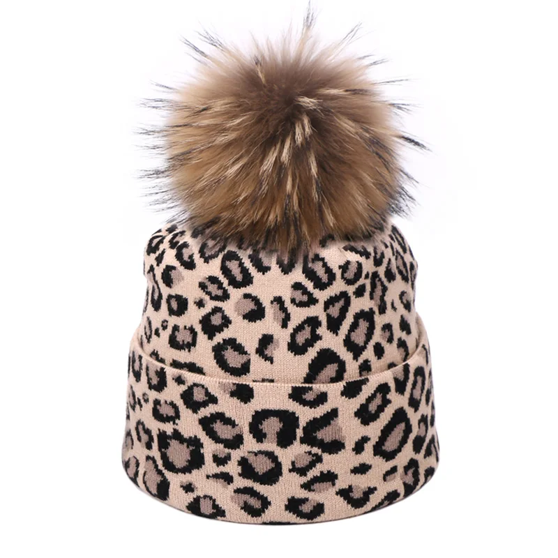 Новая леопардовая шапка с принтом шапка для женщин Осень Зима теплые уличные шапочки Skullies шапки эластичность натуральный мех помпон безопасная шапка - Цвет: K