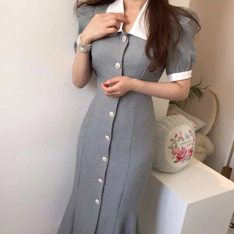 Woman One-Piece Dress 2020 Summer New French Pearl Button Fishtail Stitching Slim Puff Sleeve Dress Lady Korean Elegant Dresses