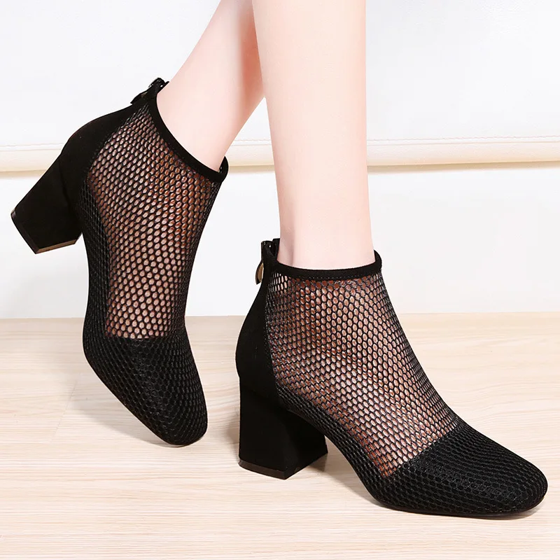 

2019 Summer Europe And America Gauze Ankle Boots Square Head Hollow out Chunky Heel Solid Color after Zipper Mesh WOMEN'S Leathe