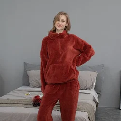 Flannel Pajamas for Women Autumn and Winter Solid Color Couple Homewear Pullover Thickened Pajama Pants Coral Velvet Pajamas