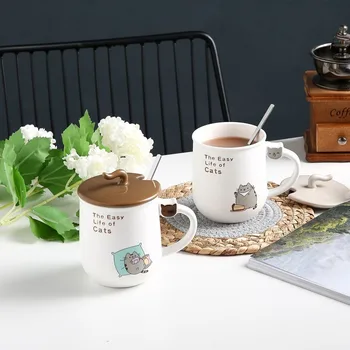 

Creative Cartoon Cat Ceramic TeaCup Cute Coffee Mug with Lid Scoop 400ml Large Capacity Household Milk Cups Breakfast Juice Mugs