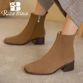 

RIZABINA Flock Women Ankle Boots Thick Heel Square Toe Zipper Shoes Warm Boots Winter Concise Women Fashion Footwear Size 34-39