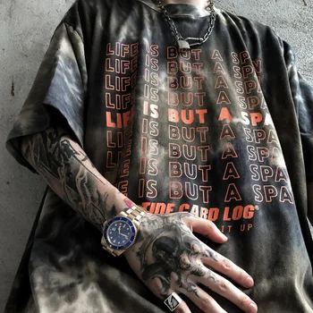 

Letter Print Tie-dye Gradient Color Hip Hop Tops Tees Men Casual Vintage Tshirts Summer Streetwear Pullover Couple Wear T-shirts