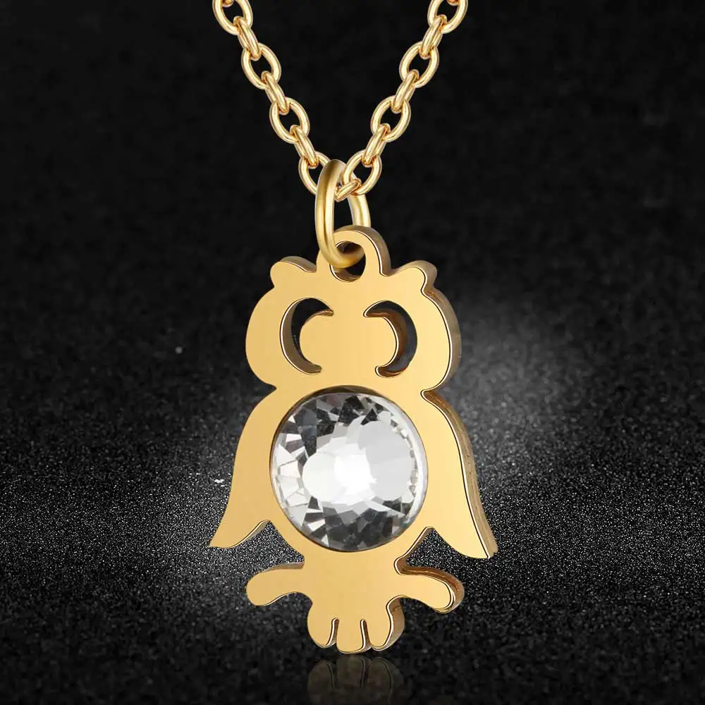 

Super Fashion Big Crystal Stone 100% Stainless Steel Night Owl Charm Necklace Wholesale Fashion Charm Necklaces High Polish
