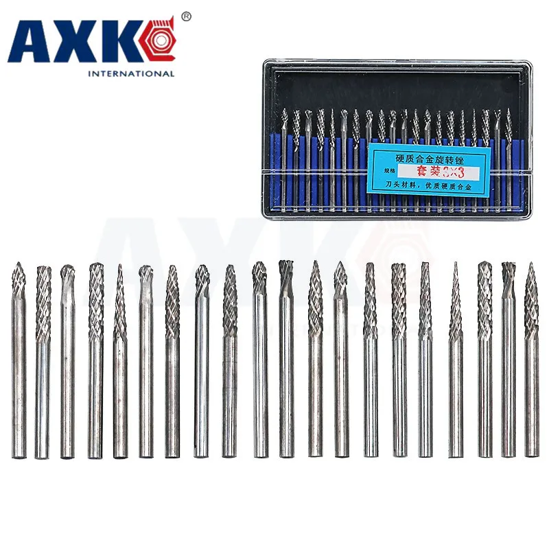 

AXK 20pcs/set 3MM 1/8" Shank Tungsten Carbide Milling Cutter, File Burr Suit Reamer Tools Cut Set for Dremel DT038