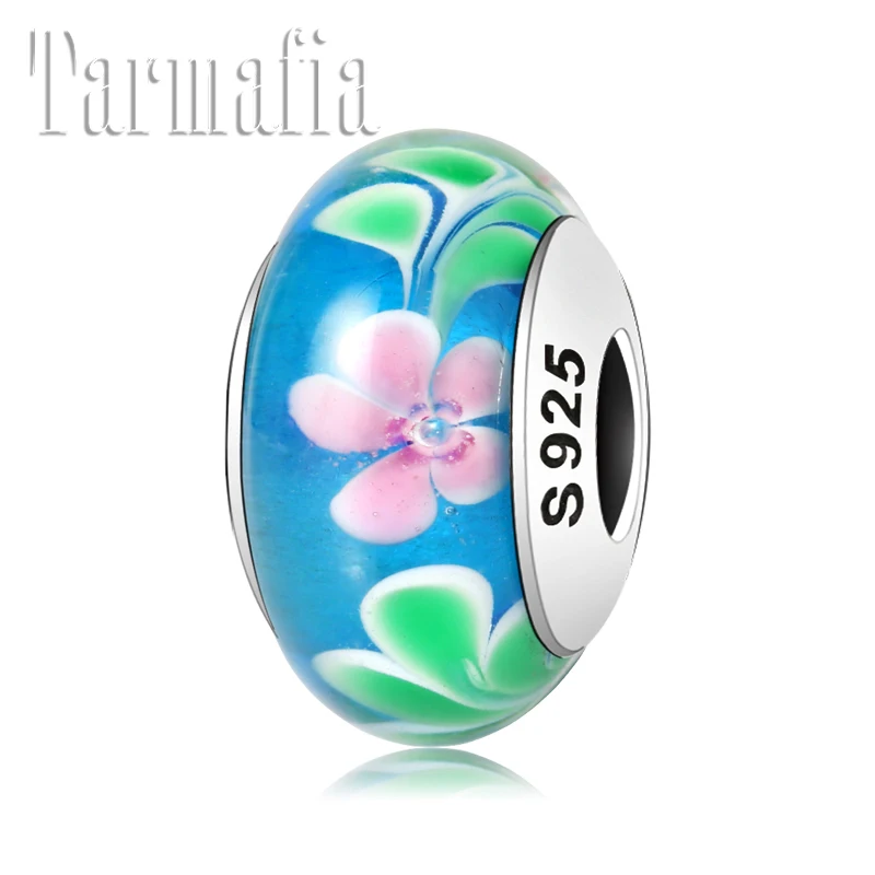 

Bohemian style 925 Sterling Silver Flowers Leaf Blue fine Murano Glass Bead Fit Original Pandora Charms Bracelet Jewelry making