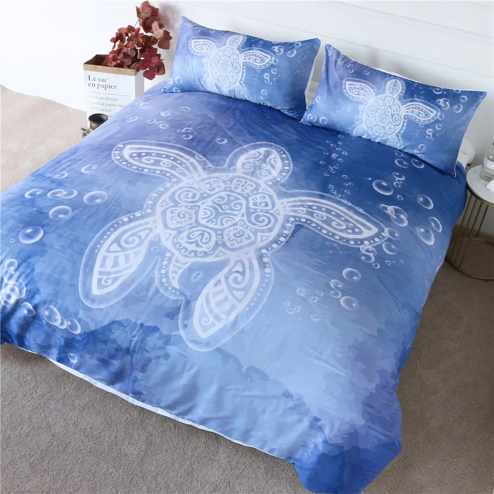 

HM Life Bedding Sets Sea Turtle Tortoise Duvet Cover Set Watercolor Bedspread Bubbles Marine Style Blue Fashion Home Textiles