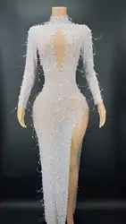 High Neck Long Sleeve Evening Formal Middle HollowDresses For Women Elegant Beaded Pearls High Slit Party Wear Formal Prom Dress