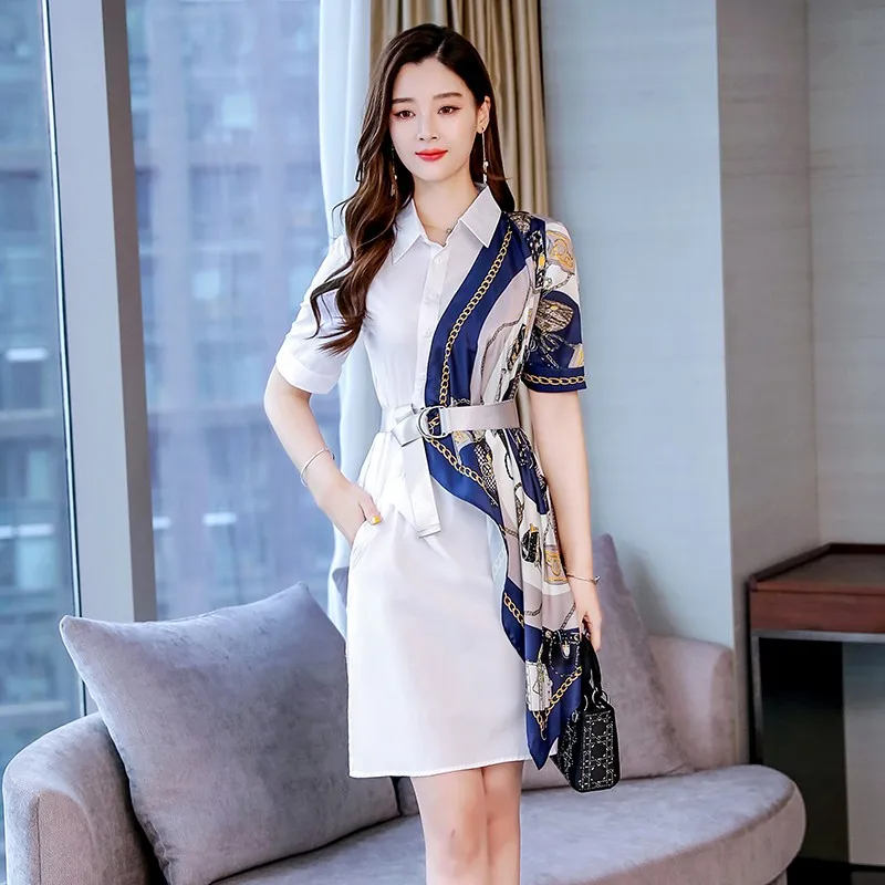 

2019 New Runway brand Women summer Dresses With Belt Vintage Chain Print Silk Scarf Patchwork Short Sleeve Loose Shirt Dress
