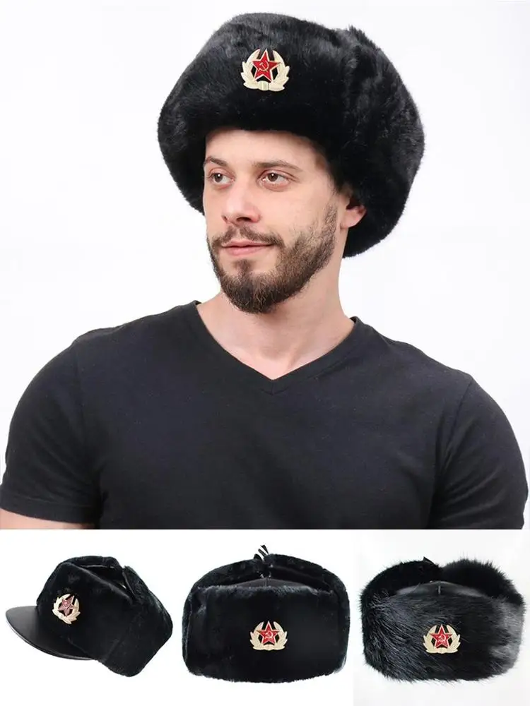Soviet Badge Hat Pu Waterproof Padded Earmuffs Russian Warm Hat Women Earmuffs Outdoor Warm Hat Padded And Hat Men M3Z3 mens winter bomber hats