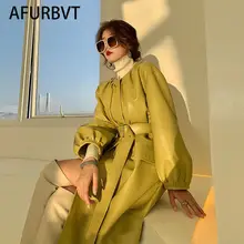 Long Leather Trench Coat for Women Long Sleeve O Neck Loose Fit Fall Stylish Green Black Women Clothing Streetwear