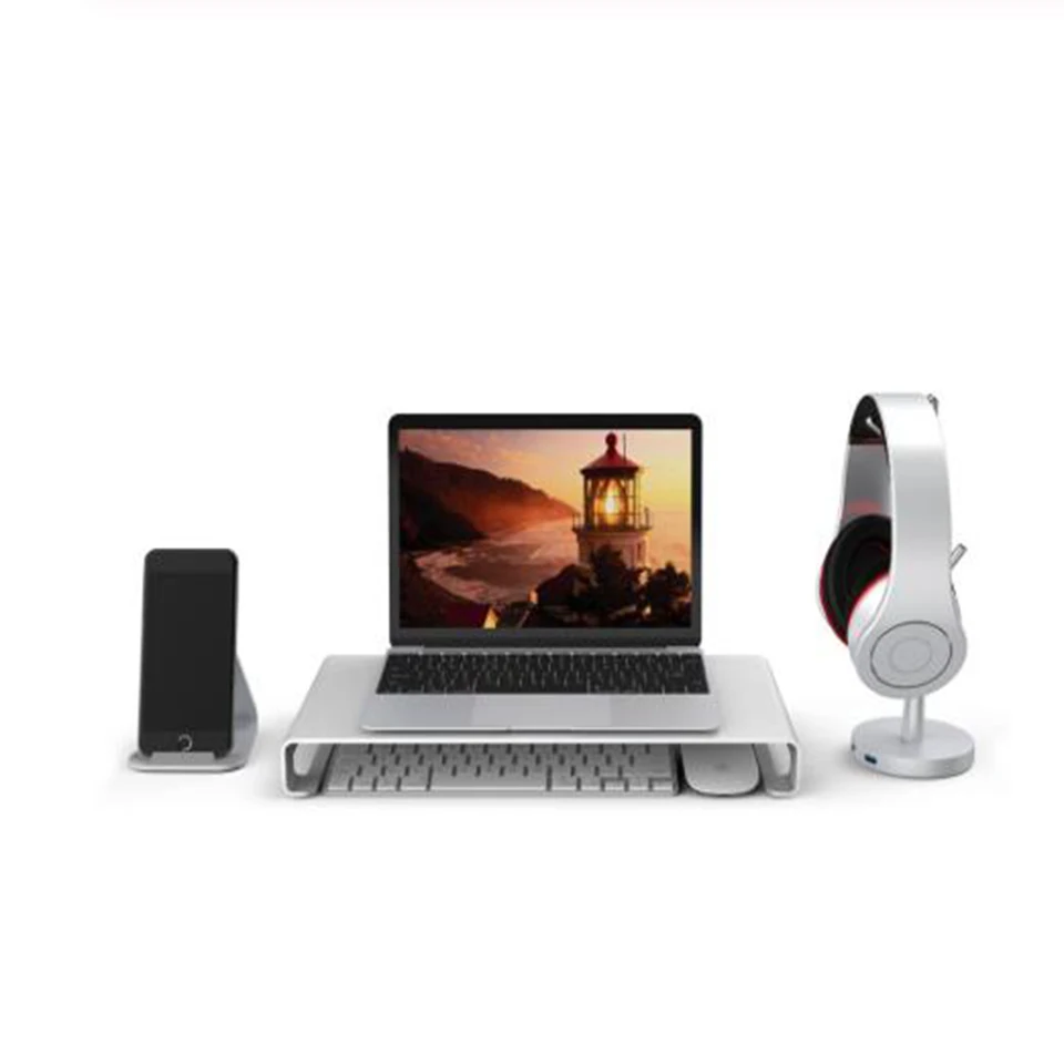  Laptop Table Computer Display Monitor Riser TV Stand with Keyboard Mouse Storage Slots Aluminum All