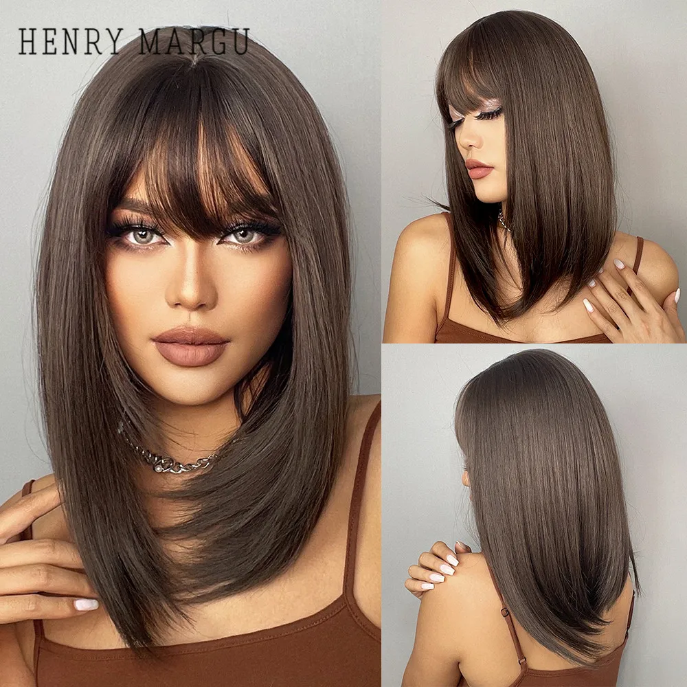 HENRY MARGU Dark Brown Long Bob Synthetic Wigs with Bangs Layered Natural Straight Wigs for Women High Temperature Hair Wig