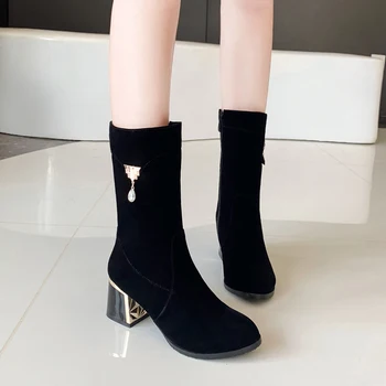 

ODS 2019 Ladies Mid-calf Boots Round Toe Handmade Zipper Pu Leather Suede Matte Boots Zapatos De Mujer Solid Riding Winter Shoes
