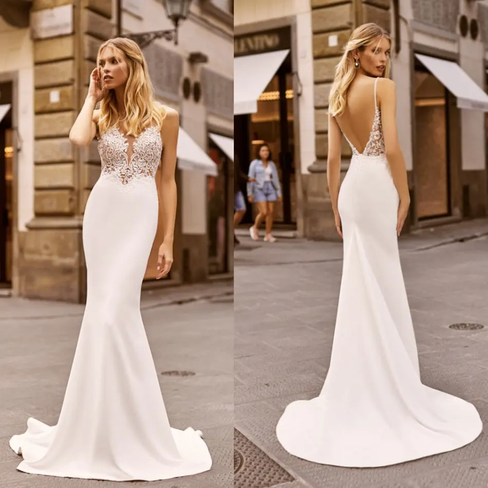 Mermaid Wedding Dresses Bridal Gowns Lace Applique Sweep Train Backless V Neck 
