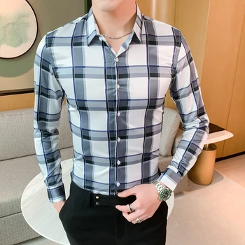 

Man Dress Shirt Male White Plaid Shirt Long Sleeve Men's Casual Social Shirts Chemise Homme Business Formal Button Up Clothing