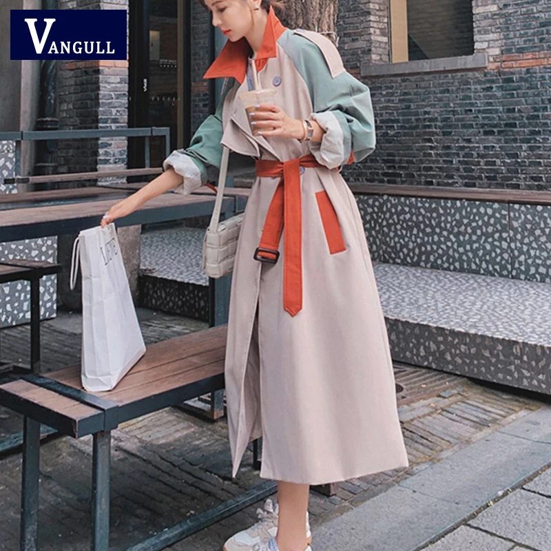 Vangull nuevo de retazos mujer largo Trench abrigo Casual Breasted doble cinturón suelto mujer abrigo Inglaterra estilo dama ropa de primavera