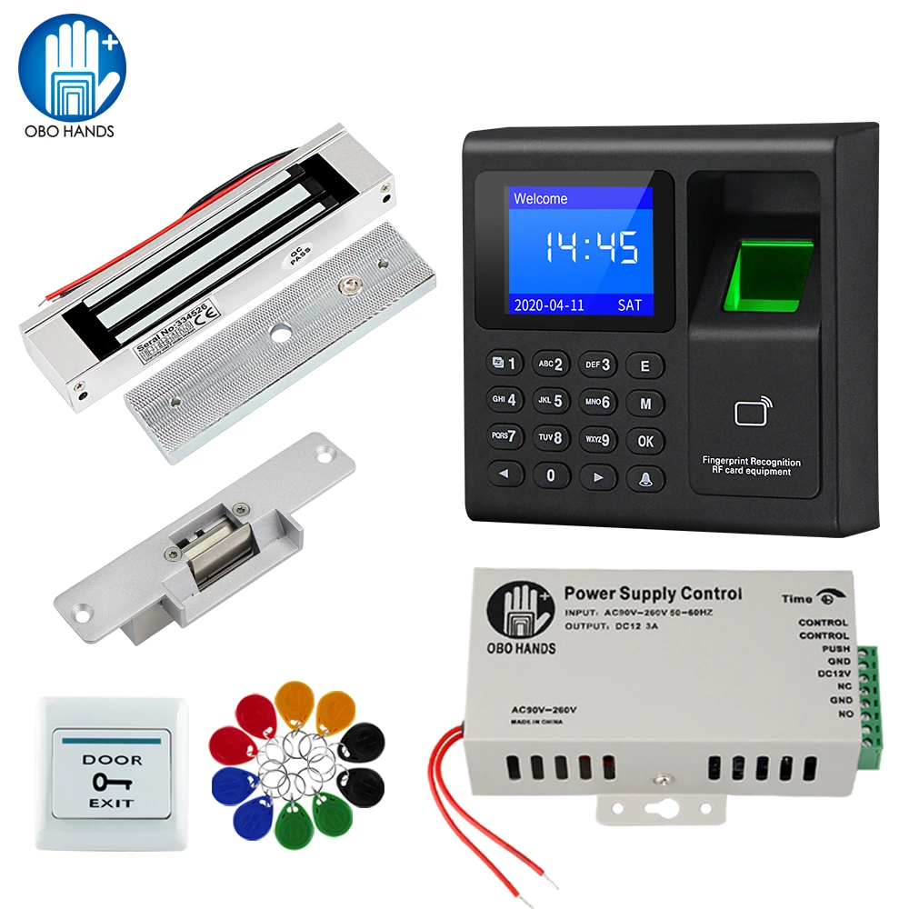Bio Fingerprint Controlled The System Kit Heavy Duty Electric Door Strike Lock 110-240V Power Supply Unit Push to Exit Button RFID Keychains/Cards 