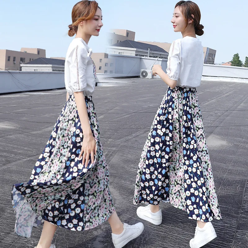 

2019 Summer Wear New Style Korean-style High-waisted Dress Women's Embroidered Short Sleeve Joint Floral-Print Long Skirts Set