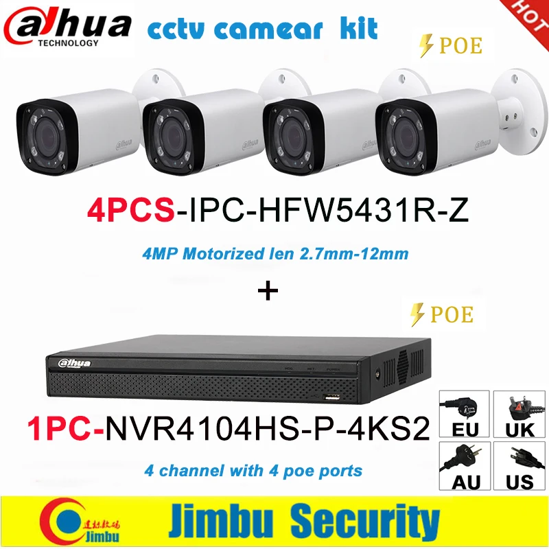 

Dahua IP surveilliance system NVR kit 4CH 4K video recorder NVR4104HS-P-4KS2 & Dahua 4MP IP camera 4pcs IPC-HFW5431R-Z