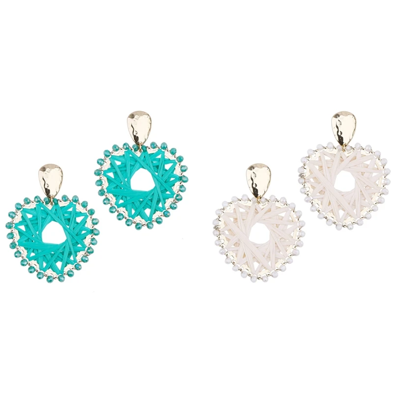 2 Pairs of Alloy Raffia Hand-Woven Earrings Women's Exaggerated Mizhu Love | Украшения и аксессуары