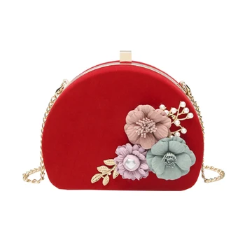 

QZUnique Women's PU Leather Bag Shell Bag Tote Bag 3D Pearl Flowers Embellish Pouch Evening Bag Shoulder Bag Purse Red