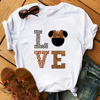 

Fashion Leopard Print Love T-shirts Mouse Female Shirt Casual White Women Tshirts Harajuku T Shirt Femme Tops Mickey t shirt