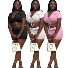 

RStylish Women Tracksuit V Neck Pleated Short Sleeve Crop Top Skinny Shorts Summer 2021 Solid 2 Piece Set