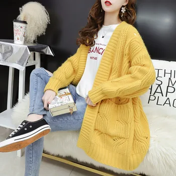 

Cardigan Women Yellow Oversized Korean Style Women V-Neck Long Sleeve Autumn Cardigan Mujer Sweters Women Invierno 2019 Outwear
