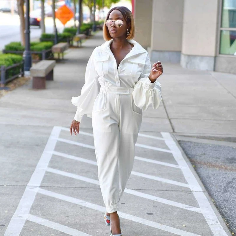 

New Autumn Women Fashion Elegant Long Sleeve Workwear Party Shirt Top Romper Irregular Flared Sleeve White Black Yellow Jumpsuit