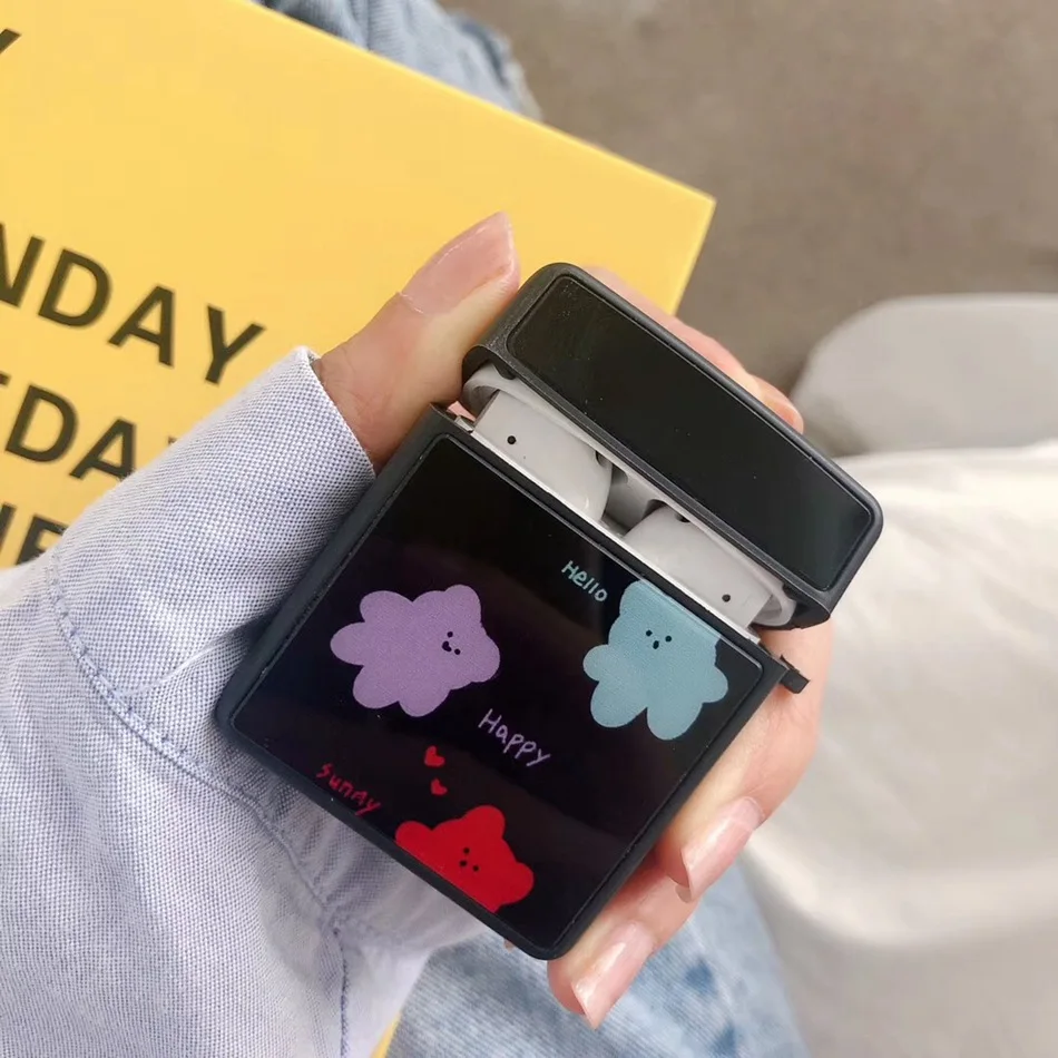 Bear Black Чехол для AirPods с милым цветком, медведем, уткой, фруктами, слоном, чехол для наушников для Apple Airpods 2, глянцевая крышка, крючок карабина - Цвет: Bear Black
