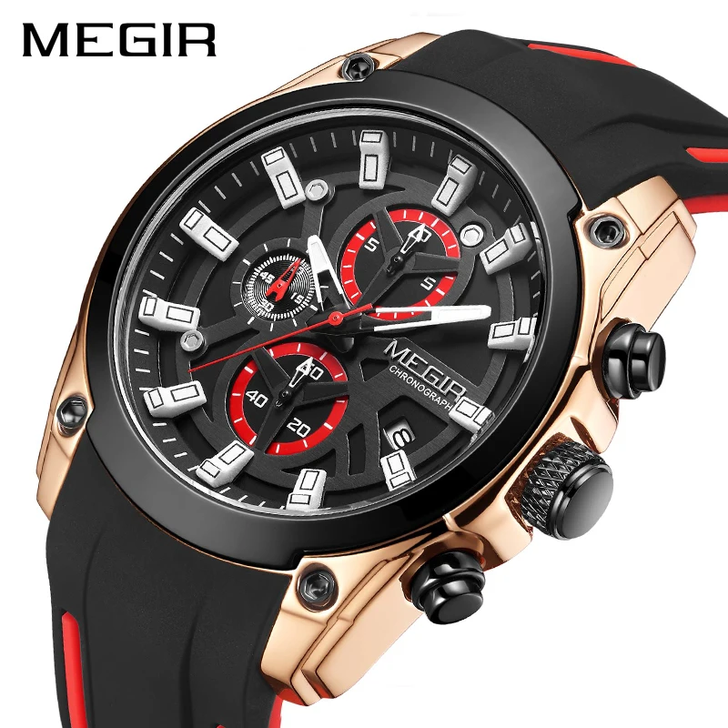 

MEGIR 2022 New Mens Watches Top Brand Luxury Sports Wrist Watch Man Rose Black Silicone Waterproof Luminous Military Watch Clock