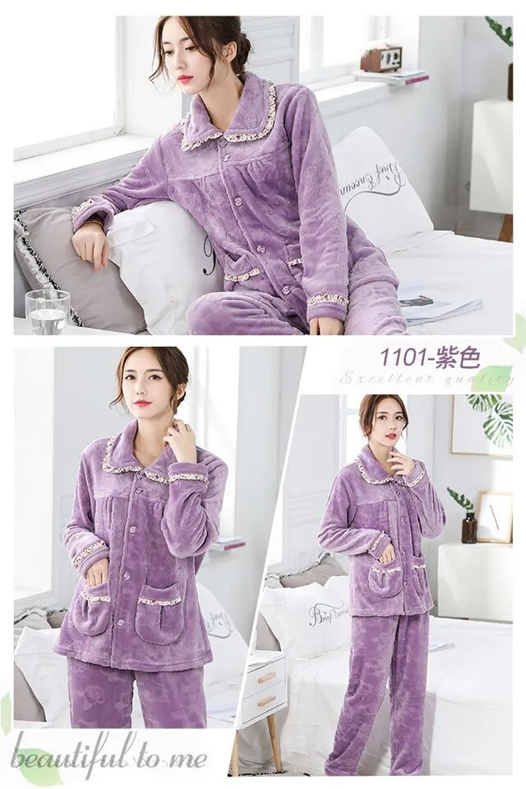 Зимний пижамный комплект для женщин, теплая Сексуальная Женская кружевная пижама с принтом, плюшевая одежда для сна, Фланелевая Пижама для мамы, домашняя одежда