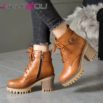 

ANNYMOL Woman Boots Platform High Heel Ankle Boots Lace Up Thick Heel Short Boots Zip Buckle Ladies Shoes Autumn Winter Black 44