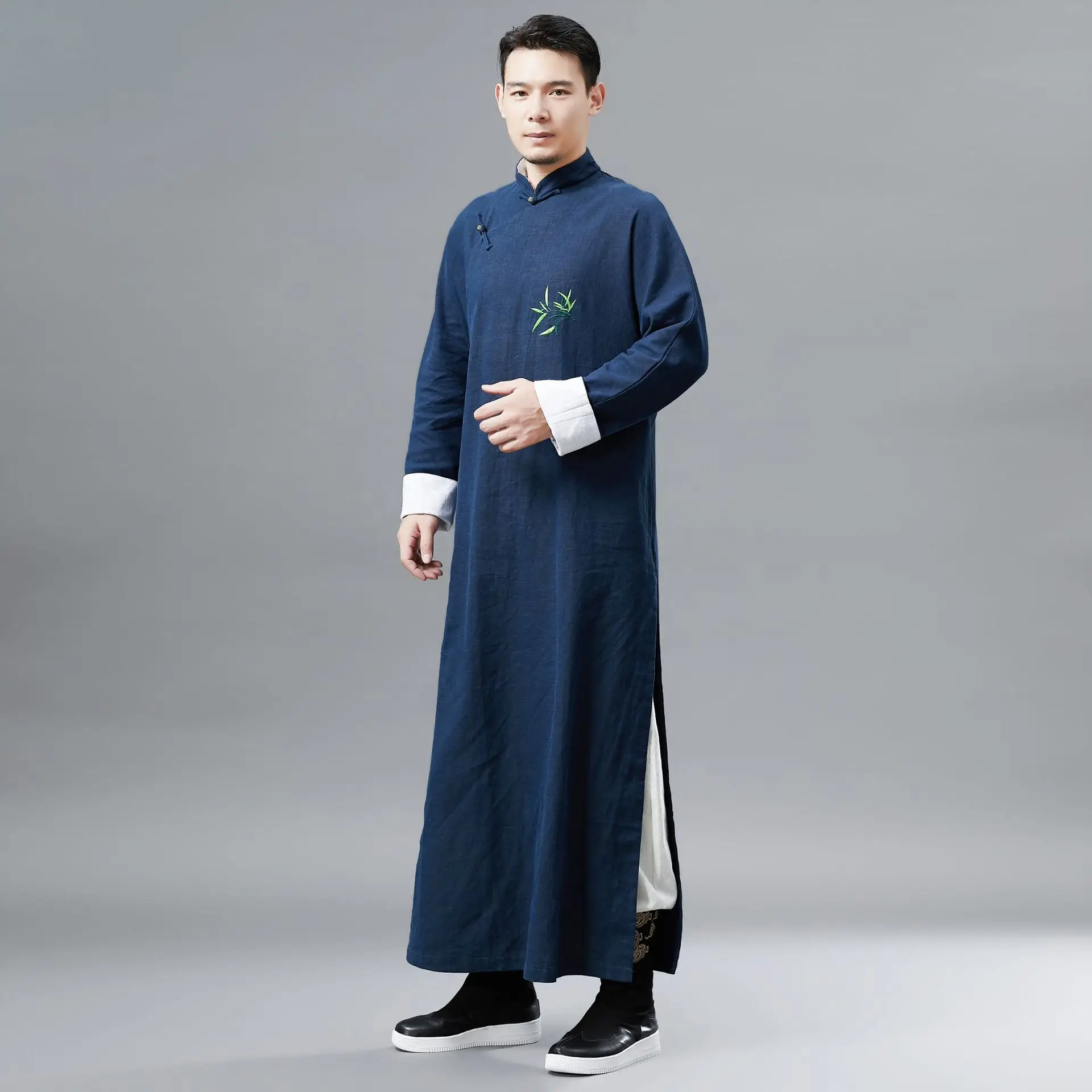 Осень длинный рукав мужской китайский национальный стиль длинный Hanfu вышитый национальный костюм с одной пуговицей хлопок