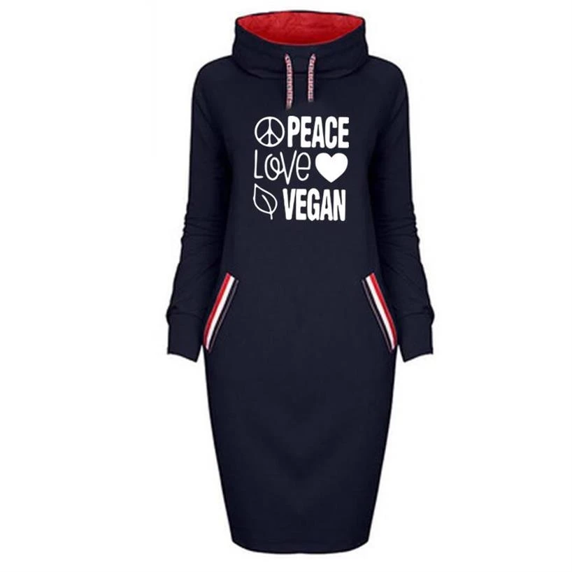 Peace Love Vegan толстовки с буквенным принтом для женщин длинные платья с высоким воротником Топы Kawaii толстовки кофты толстые Frauen